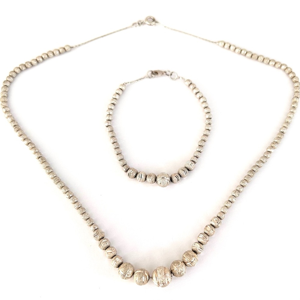 Vintage Necklace Bracelet Set Graduated Front Silver Tone Beads on Metal Chain
